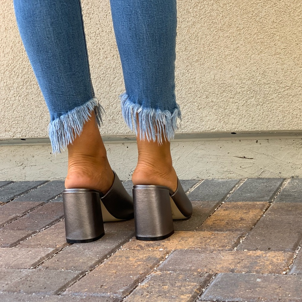 Metallic Silver Leather Peep Toe Chunky Heel Mule - Picture 7 of 8